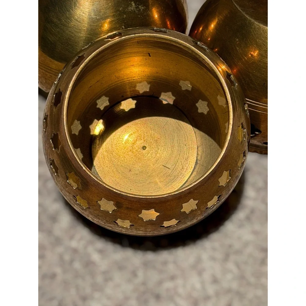 Vintage Brass Cut Out Candle‎ Holders Set of 3 Boho India Hollywood Regency